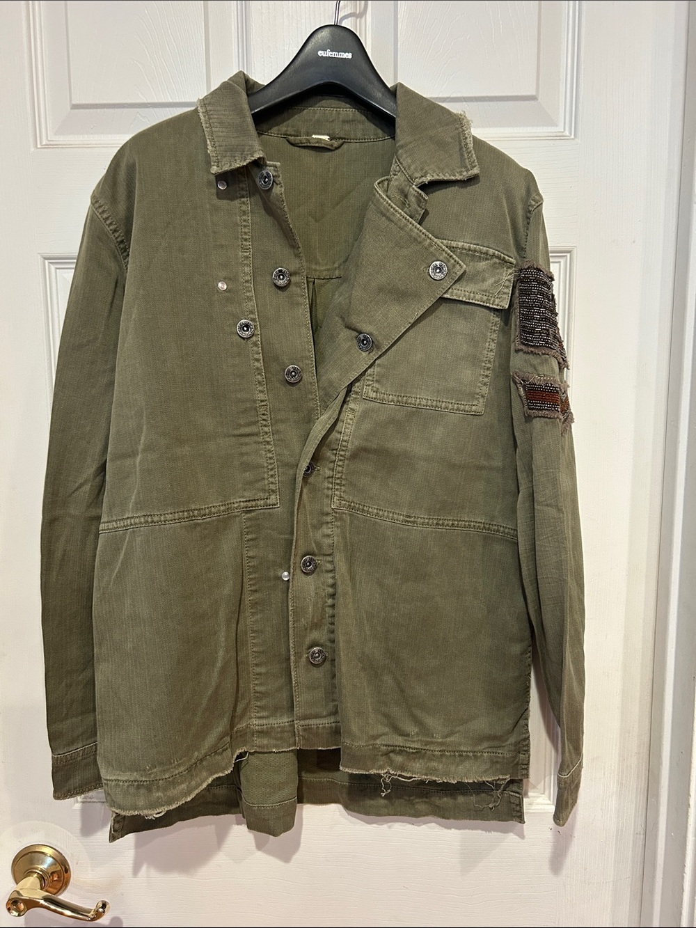 Free People Olive Green Military Field Jacket with Patch Detail